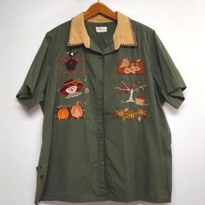 Vintage Bobbie Brooks Harvest Applique Embroidery Thanksgiving Button Down